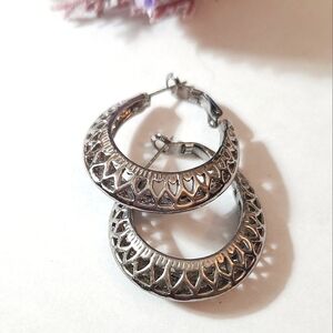 Vintage Silver Open Heart Cresent Style Hoop Earrings